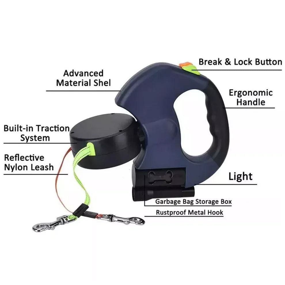 Dual Doggie Retractable Dog Leash, Green/Orange, 10-ft long