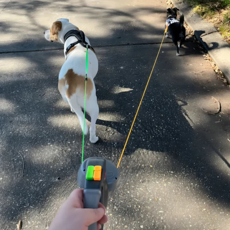Dual Doggie Retractable Dog Leash, Green/Orange, 10-ft long